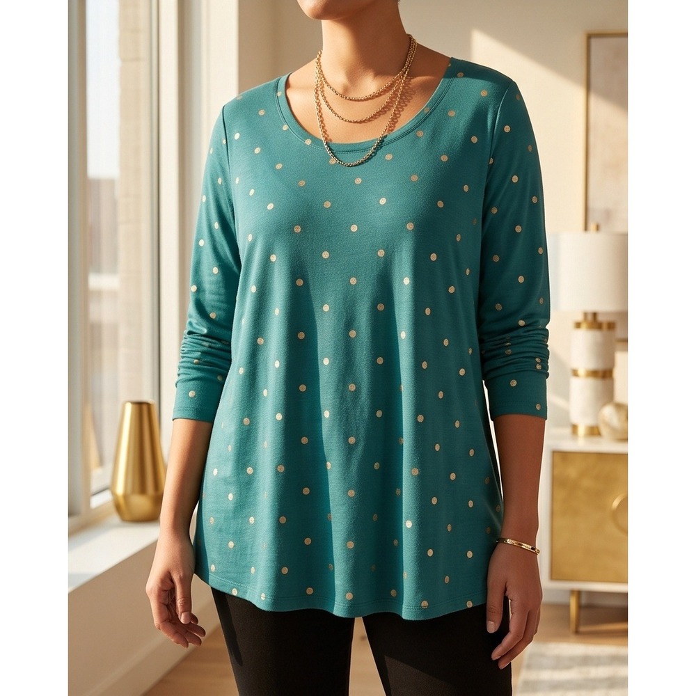 Lane Bryant‎ 22/24 Teal Gold Polka Dot Long Sleeve Tunic Top Plus Size 2X
